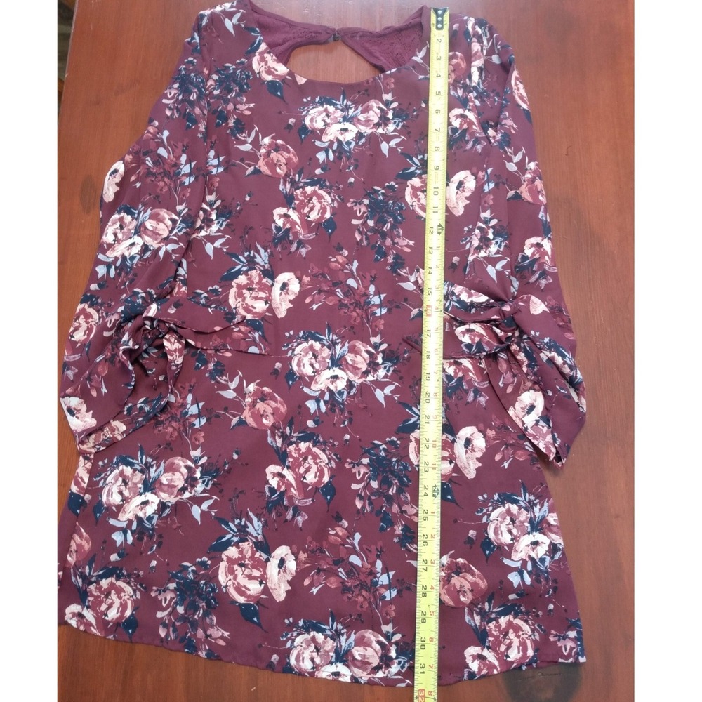 Romantic Dark Florals Lace Back Keyhole Burgundy Long Sleeve Dress Tunic Small - Picture 5 of 10